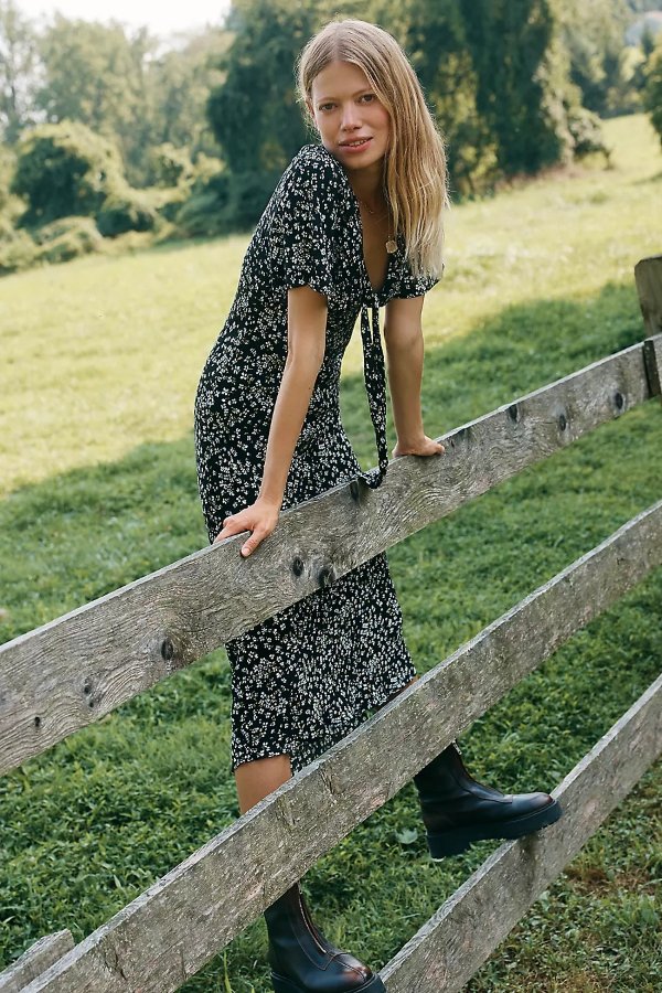 Tyra Short-Sleeve V-Neck Midi Dress