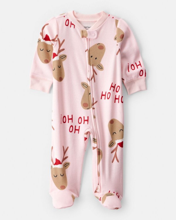 Reindeer Baby Girl Cotton Zip Pajamas Pink