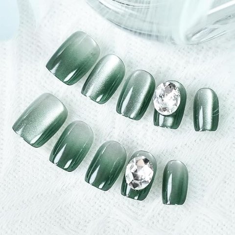 绿色猫眼美甲贴 中短款带钻