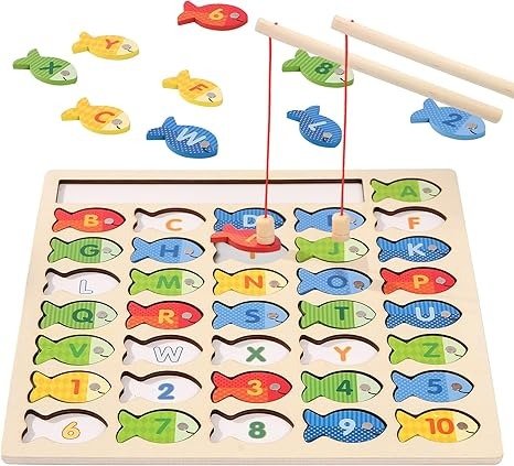 Wooden Magnetic Fishing Puzzle Letters Numbers 2 Poles