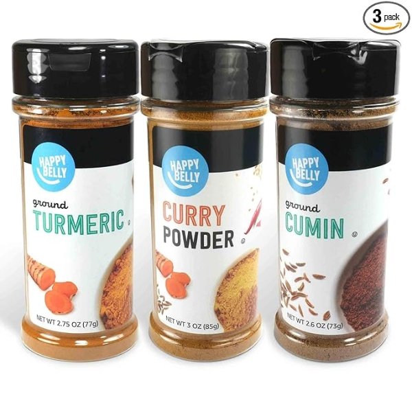 Amazon Brand - Happy Belly Indian Curry Spices Set: Curry Powder, Turmeric, Cumin