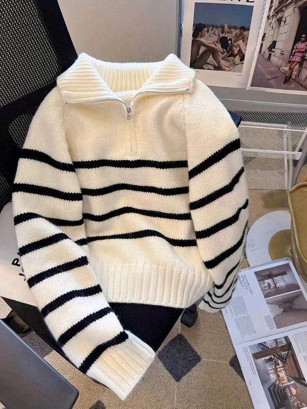Striped Contrast Lapel Long Sleeve Knit Sweater