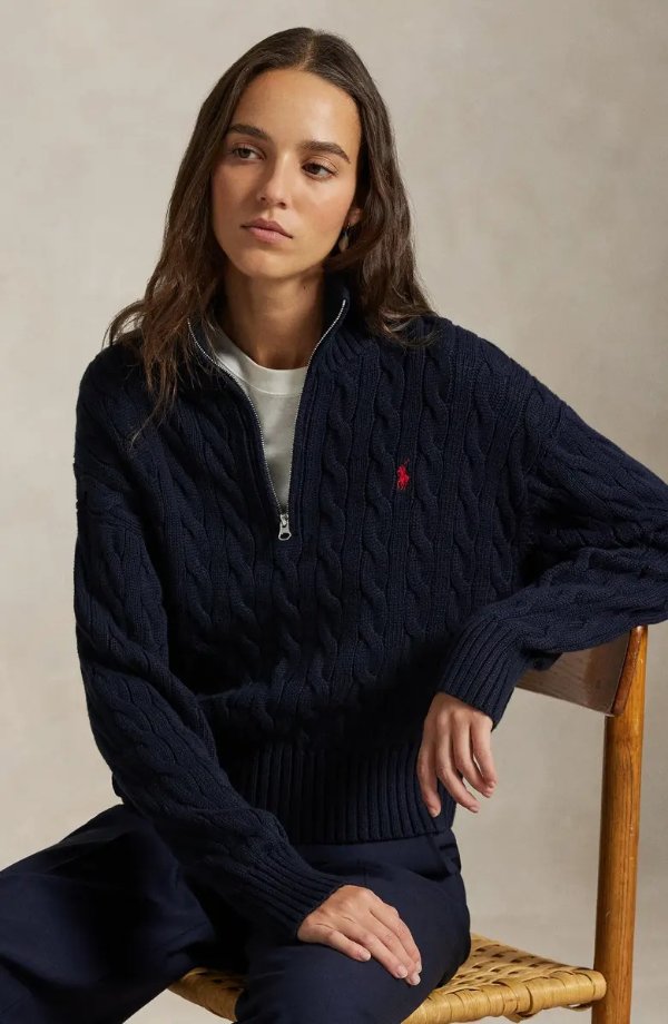 Cable Knit Cotton Polo Sweatshirt