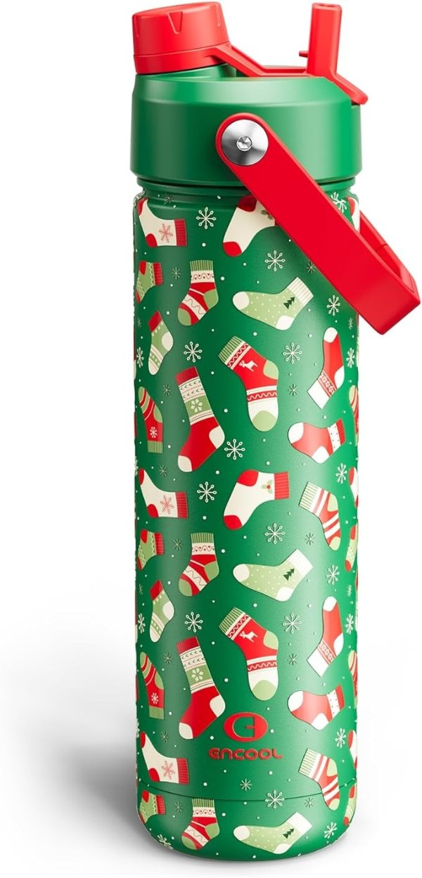 ENCOOL Jolly Sock Christmas Insulated Water Bottle with Straw 26oz