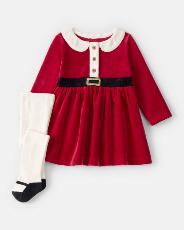 Baby Girl Santa Dress & Tights Set Red