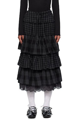 Black Cotton Poplin Tiered Midi Skirt