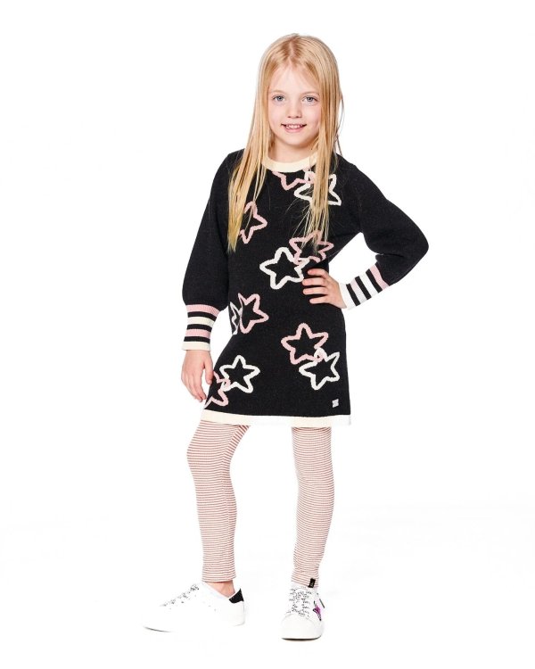 Long Sleeve Knit Dress Black with Stars