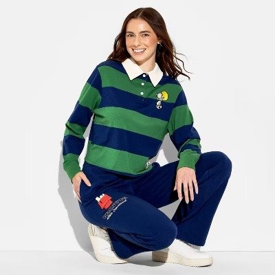 Peanuts Snoopy Striped Polo T-Shirt Green Women