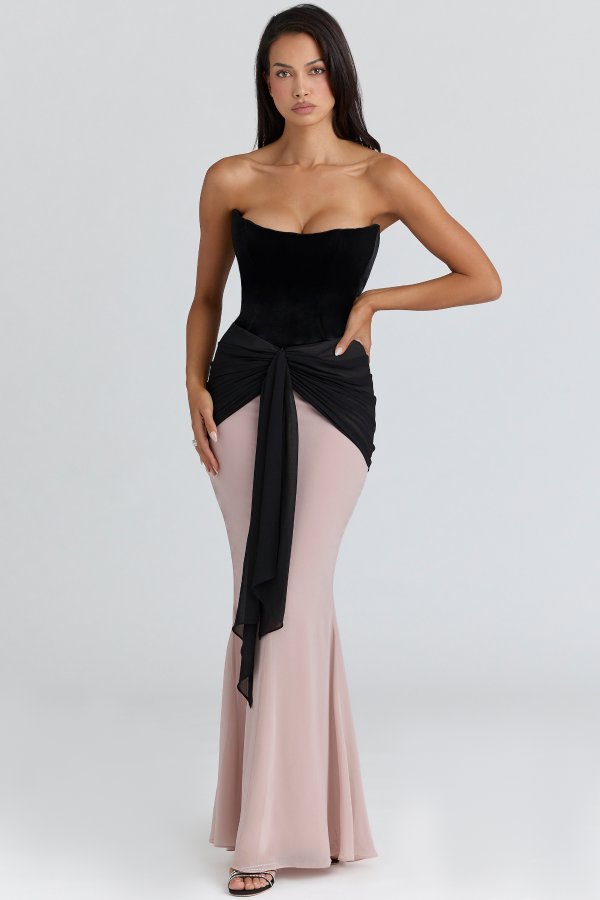 House of CB Clara Black Velvet and Chiffon Maxi Dress