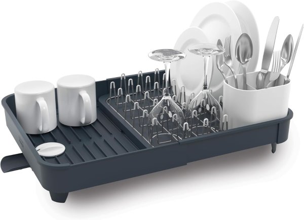 85040 Extend Expandable Dish Drying Rack and Drainboard Set Foldaway Integrated Spout Drainer Removable Steel Rack and Cutlery Holder, Gray