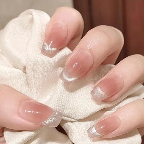 Cat Eye Press on Nails Medium coffin Fake Nails Kit, Nude Nails Press on Acrylic Nails Cat Eye, 24pc Coffin Artificial Nails Women Fake Fingernails Set with Nail Tabs File Tools for Wedding Party