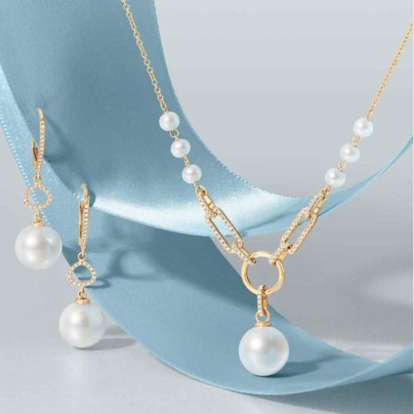 Bassali Freshwater Pearl Diamond Necklace 14K Gold