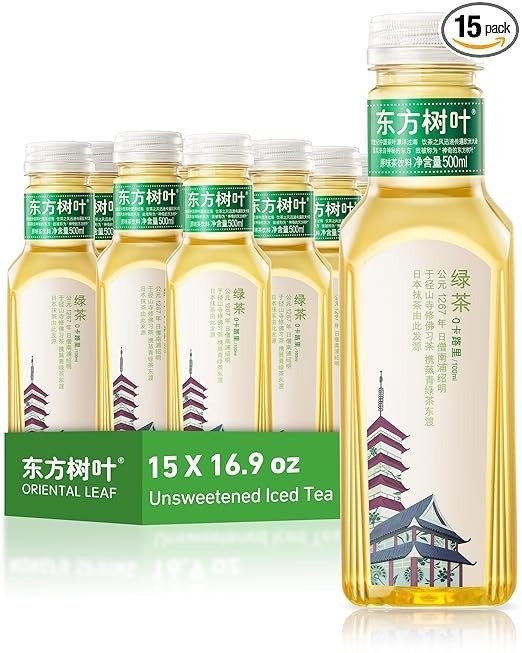 ORIENTAL LEAF Unsweetened Iced Tea – Bottled Green Tea, 16.9 FL oz bottles (Pack of 15)