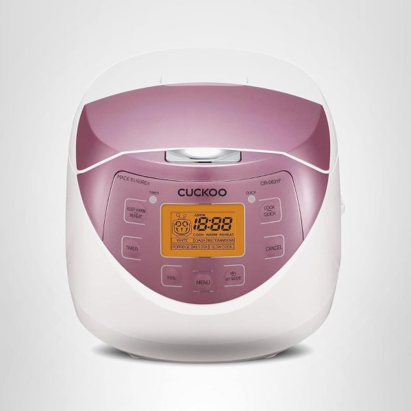 CR-0631F | 6-Cup (Uncooked) Micom Rice Cooker | 8 Menu Options: White Rice, Brown Rice & More, Nonstick Inner Pot, Made in Korea | White/Pink