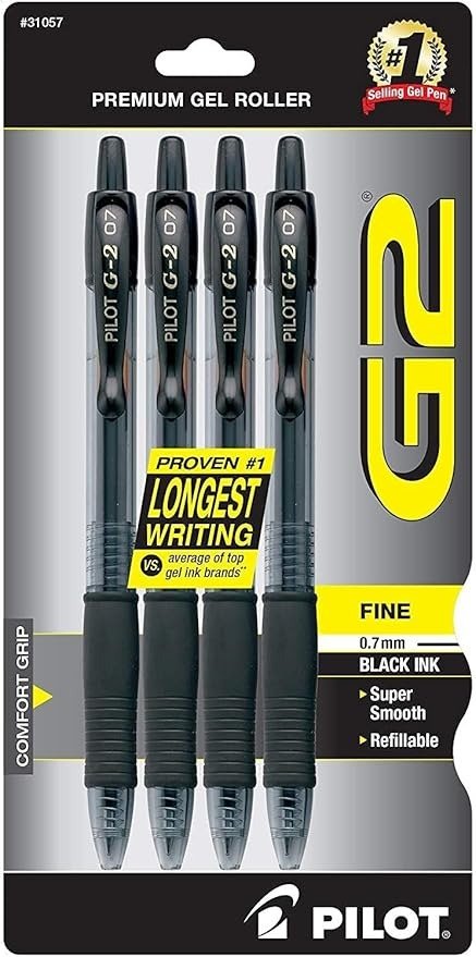 G2 Premium Refillable & Retractable Rolling Ball Gel Pens, Fine Point, Black Ink, 4-Pack (31057)