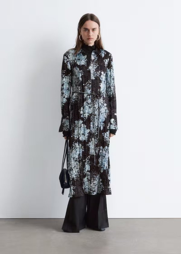 Crepe Midi Shirt Dress Black Floral