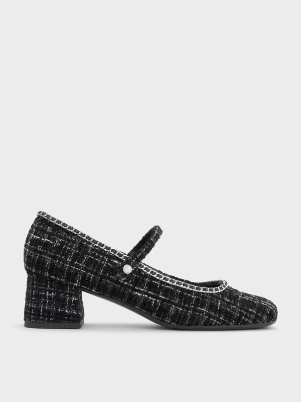 Tweed Braided-Chain Block-Heel Mary Jane Pumps Black