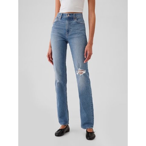 高腰修身直筒牛仔裤