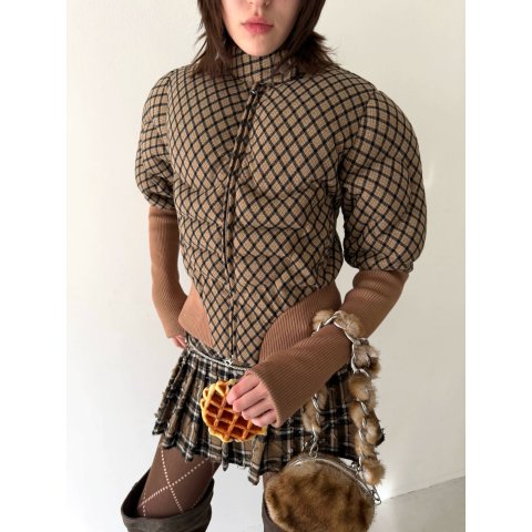 Nφdress Brown Plaid Muscle Fit Short Puffer Racer Jacket