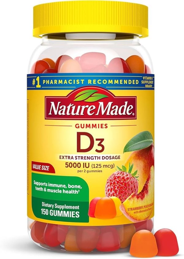 Extra Strength Vitamin D3 5000 IU (125 mcg) Gummies, 150 Count for Bone Health† (Packaging May Vary)