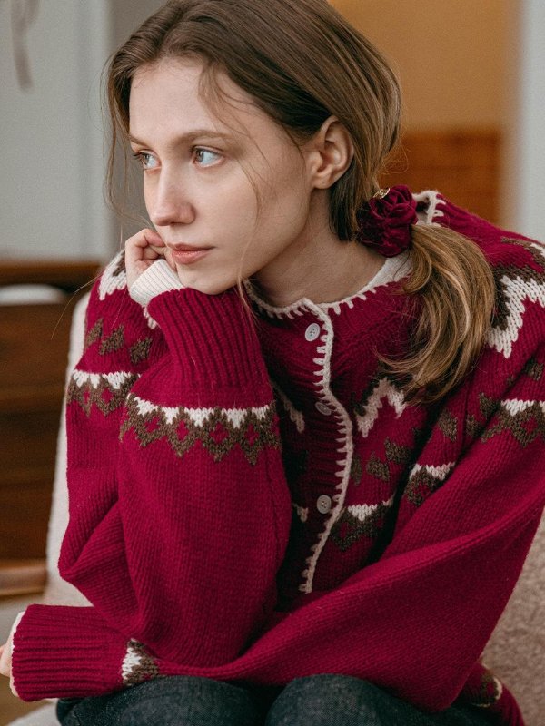 Nordic Jacquard Knit Cardigan SIKN2166 Red
