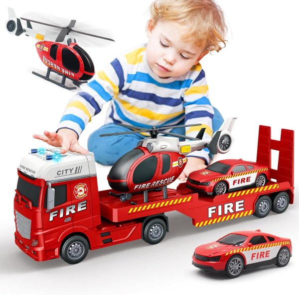 Large Fire Truck Toy 25 Inch with Helicopter Racing Car