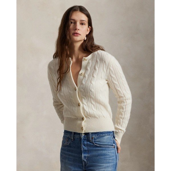 Cable-Knit Cashmere Crewneck Cardigan Medium