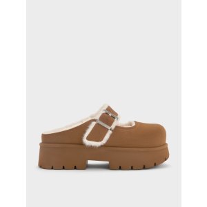 Charles & Keith Bergen 毛绒扣带厚底拖鞋 棕色