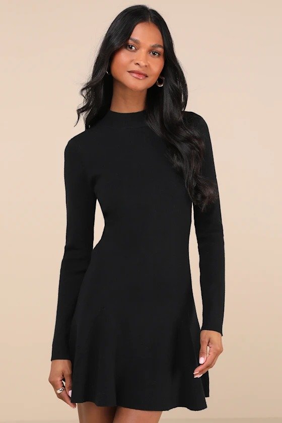 Adorable Intentions Black Mock Neck A-Line Sweater Dress