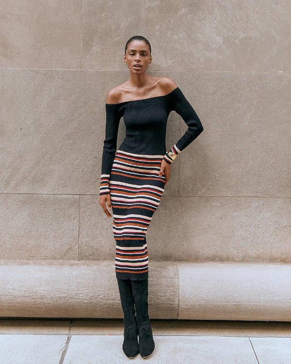 Striped Off Shoulder Long Sleeve Sweater Dress
