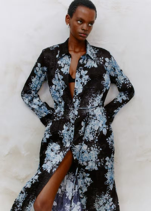 Crepe Midi Shirt Dress Black Floral