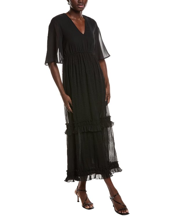 Pleated Georgette V-Neck Maxi Dress