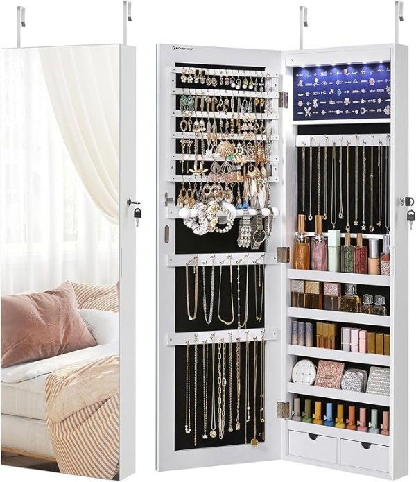 SONGMICS Hanging Jewelry Cabinet UJJC99WT White with LED
