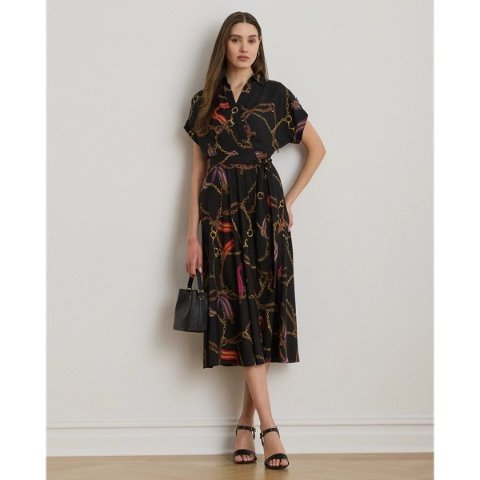 Ralph LaurenBelting-Print Belted Crepe Dress Removable Belt