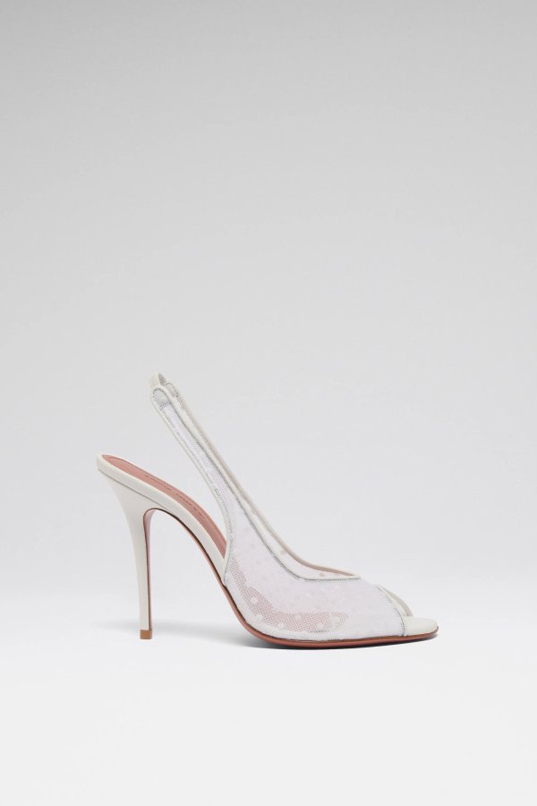 Amina Muaddi Kristina White Polka-Dot Lace Stiletto Heel 105mm