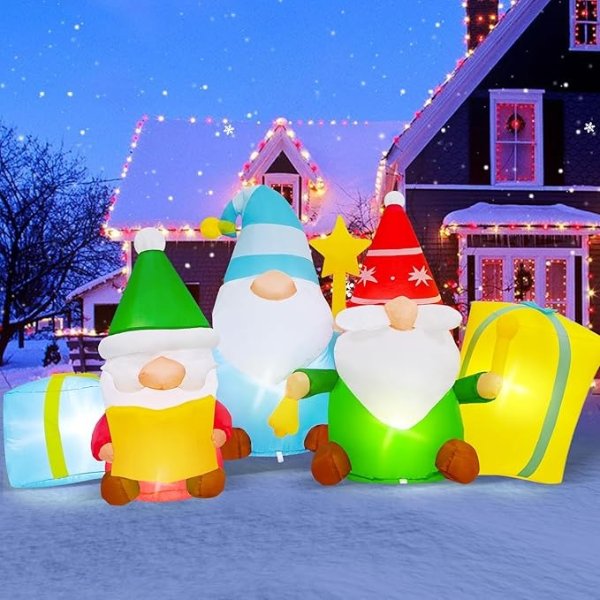 6FT Christmas Inflatable Outdoor Decoration 3 Gnomes with LED Lights