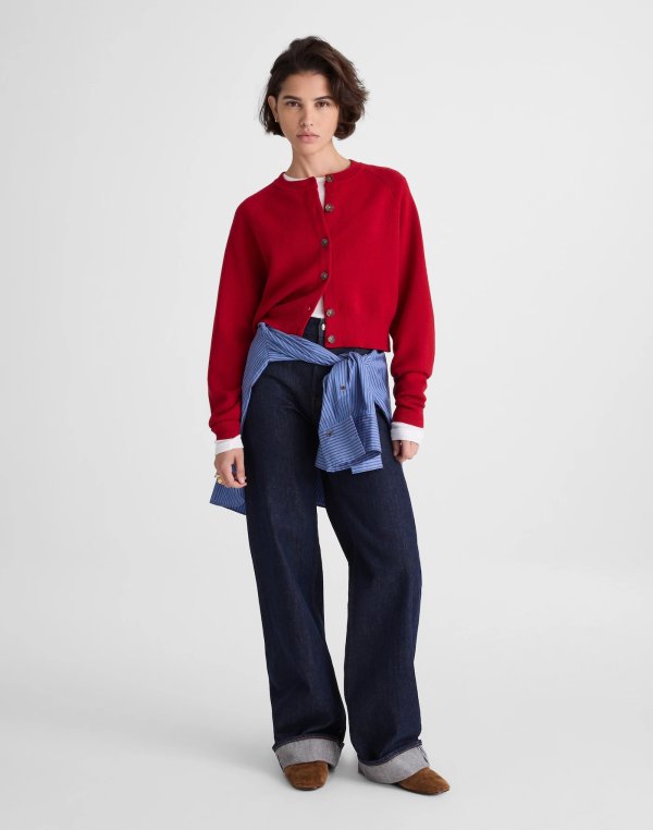 Merino Wool Cropped Raglan-Sleeve Cardigan