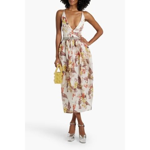 Crystal-Embellished Printed Linen Silk-Blend Midi Dress