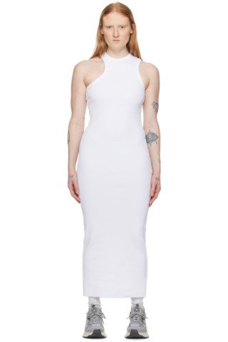 White Ribbed Cotton Asymmetric Maxi Dress