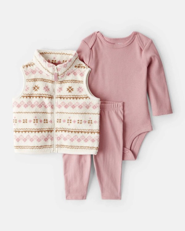 Fair Isle Baby Girl Sherpa Vest Set Pink 3-Piece