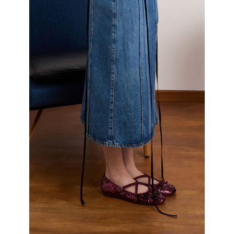 闪片交叉玛丽珍平底鞋