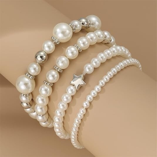 COLORFUL BLING Heart Pearl Stretch Bracelet White