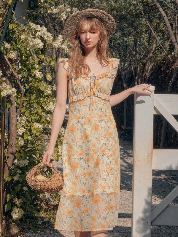 LocalSimple Vintage Long Slip Dress Floral Yellow