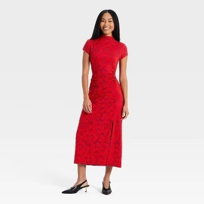 Women's Red Floral Midi Dress XS