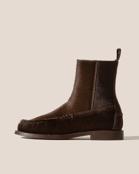 HEREU Calf Hair Mid Calf Zipped Boot Dark Brown