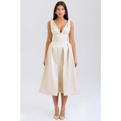 House of CB Vintage Cream Satin Pleated Midi Dress