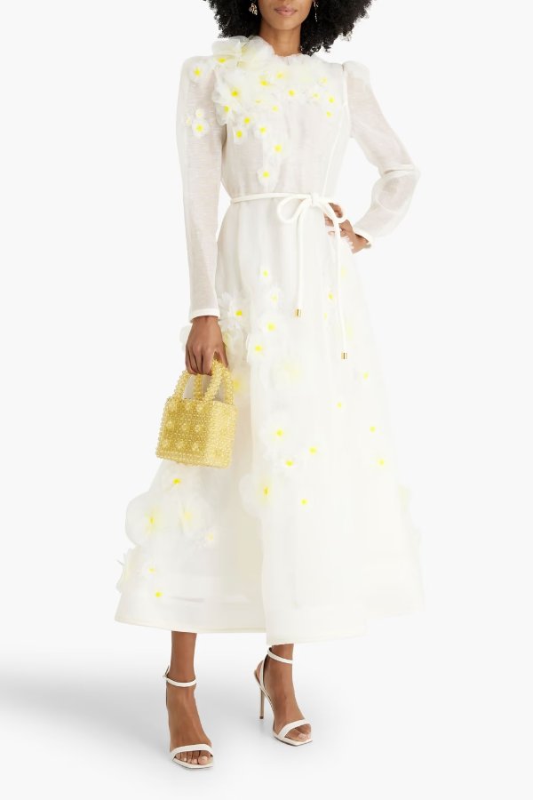 Floral Appliqued Silk Linen Midi Dress