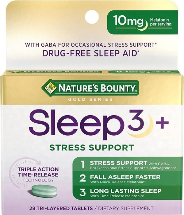 Stress Support Melatonin, Sleep3 Maximum Strength 100% Drug Free Sleep Aid, Dietary Supplement with Ashwagandha, Time Release Technology, 10mg, 28 Tri-Layered Tablets