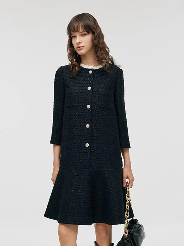 Tweed A-Line Ruffle Midi Dress for Women