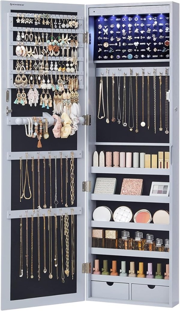 SONGMICS Mirror Jewelry Cabinet Gray 47.2-Inch